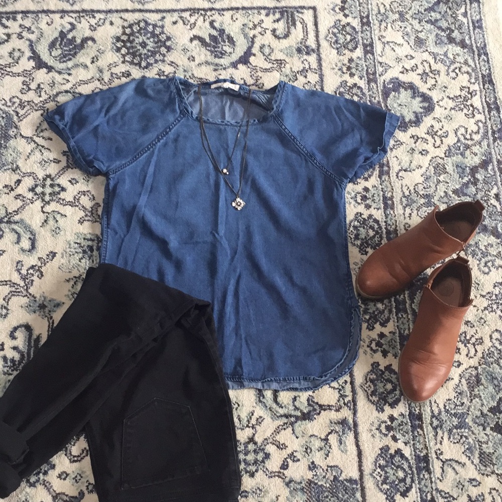 Denim Tunic Shirt With Cuff Sleeves